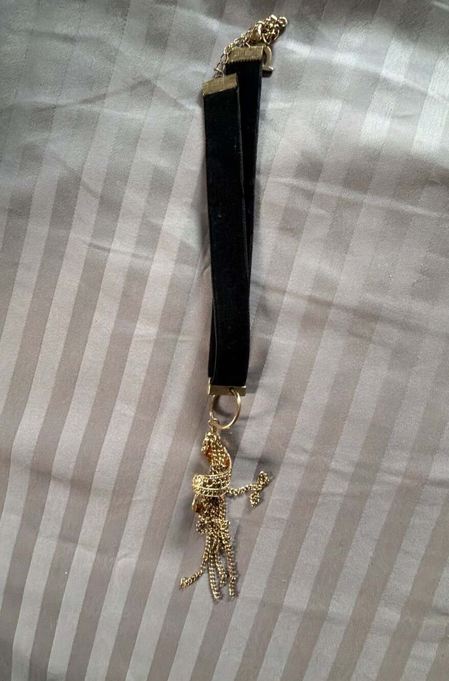 Vintage Black Velvet Choker Necklace with Gold Tone Snake Charm and Crystal Acce